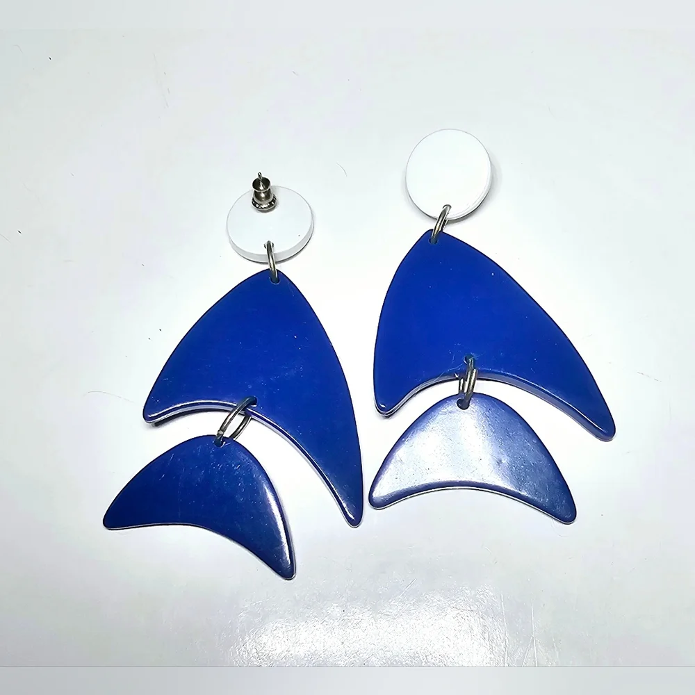 Modern abstract blue and white fish shade post dangle earrings, Nautical, aqua - Picture 2 of 6